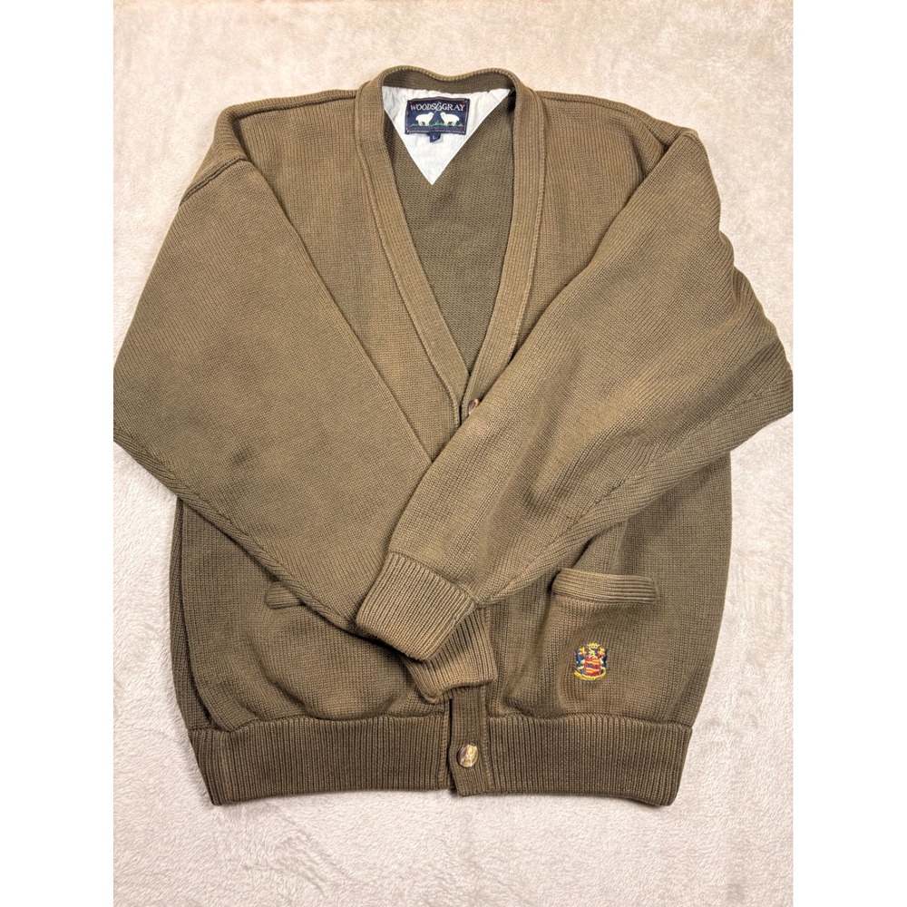 Woods & Gray Men's Large Green Cardigan Sweater Embroidered Crest